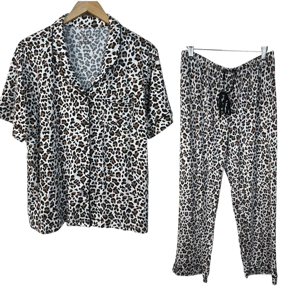 Flora by Flora Nikrooz Leopard Print Pajama‎ Set Women's L Cozy Lounge